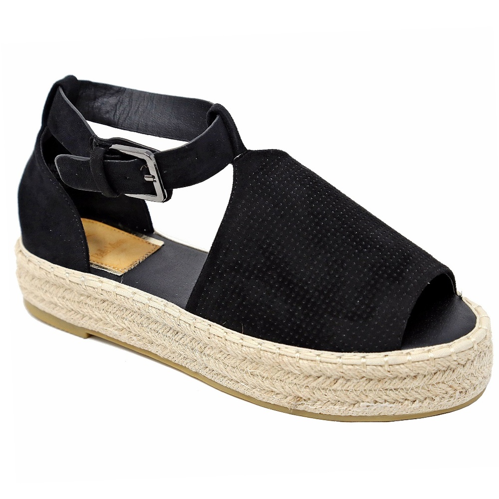 Black Peep Toe Flatform Espadrille Sandals NIB